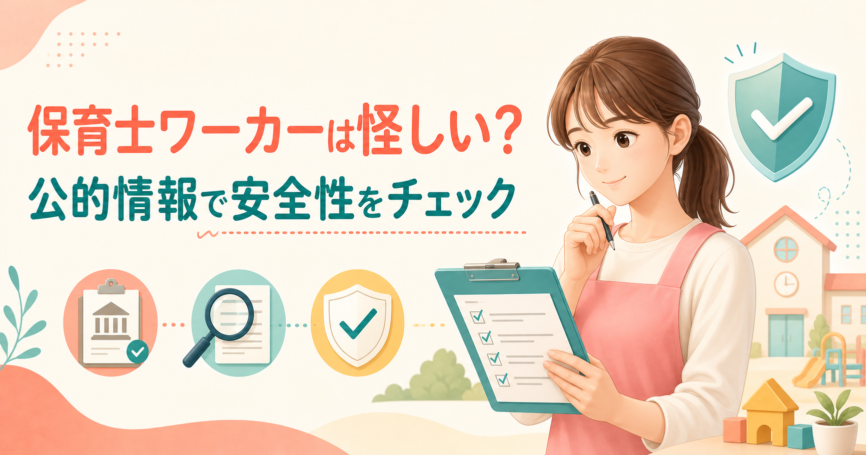 保育士ワーカーの安全性を公的情報で確認する保育士のイラスト